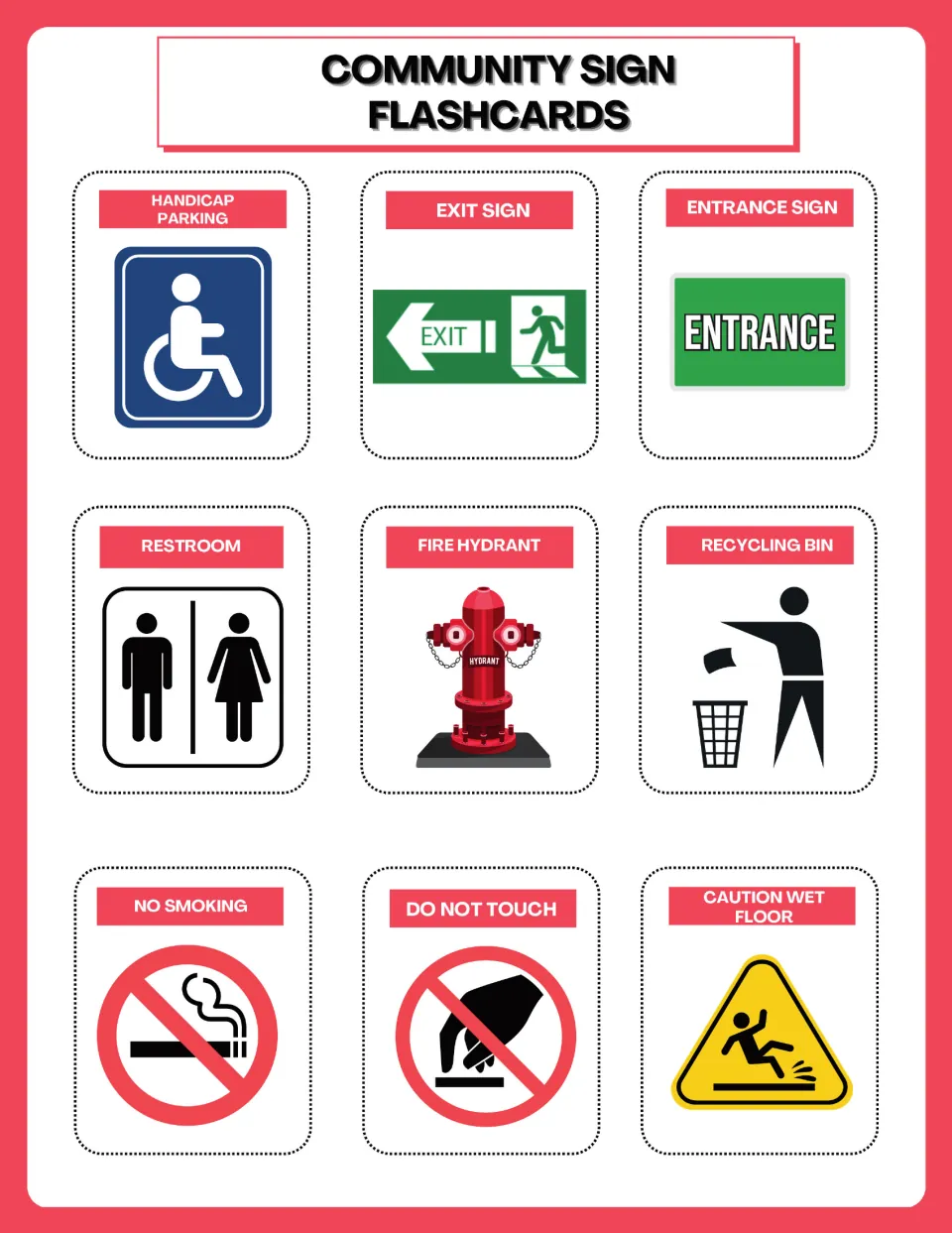Public building sign flashcards: handicap parking, exit, entrance, restroom, fire hydrant, no smoking and caution wet floor