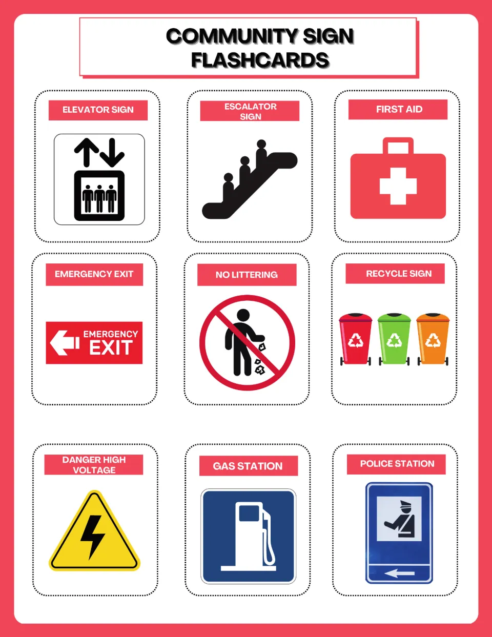 Public place flashcards: elevator, escalator, first aid, emergency exit, no littering, high voltage and police station