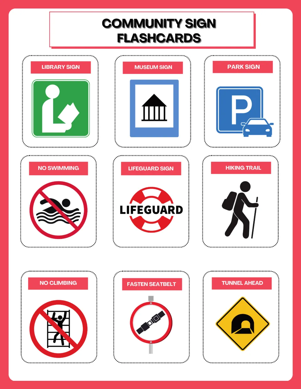 Recreation sign flashcards: library, museum, parking, no swimming, lifeguard, hiking trail, no climbing and tunnel ahead