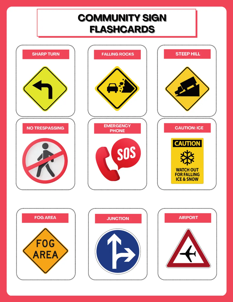 Hazard sign flashcards: sharp turn, falling rocks, steep hill, no trespassing, emergency phone, caution ice and fog area