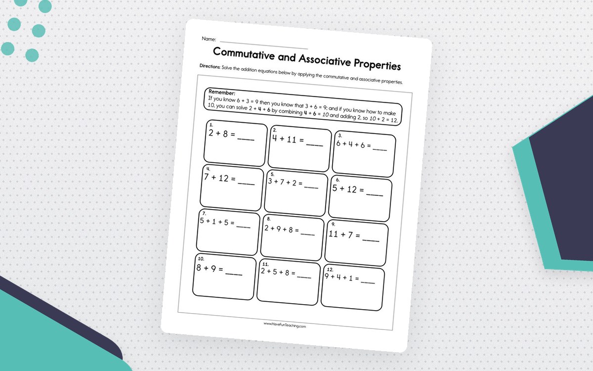 Commutative and Associative Properties worksheet with boxed addition equations and worked examples.