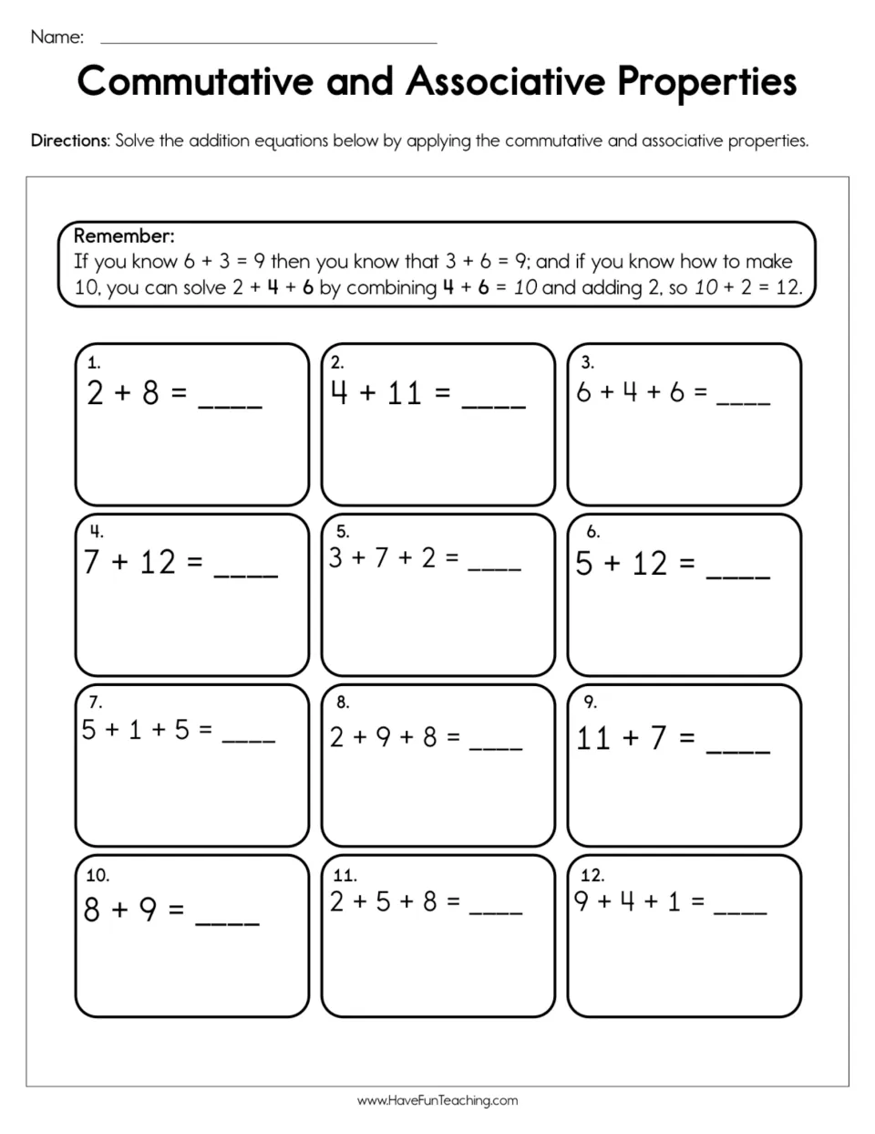 Commutative and associative properties: students solve 12 addition equations with two or three addends, using make-10 hints