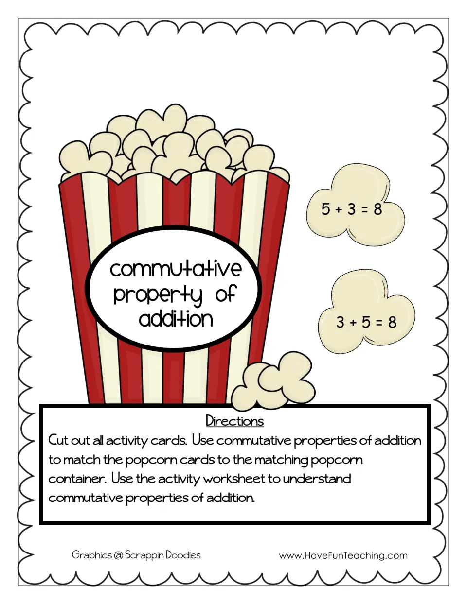 Commutative property of addition popcorn match: directions to cut out cards and pair 5+3=8 style popcorn with its container