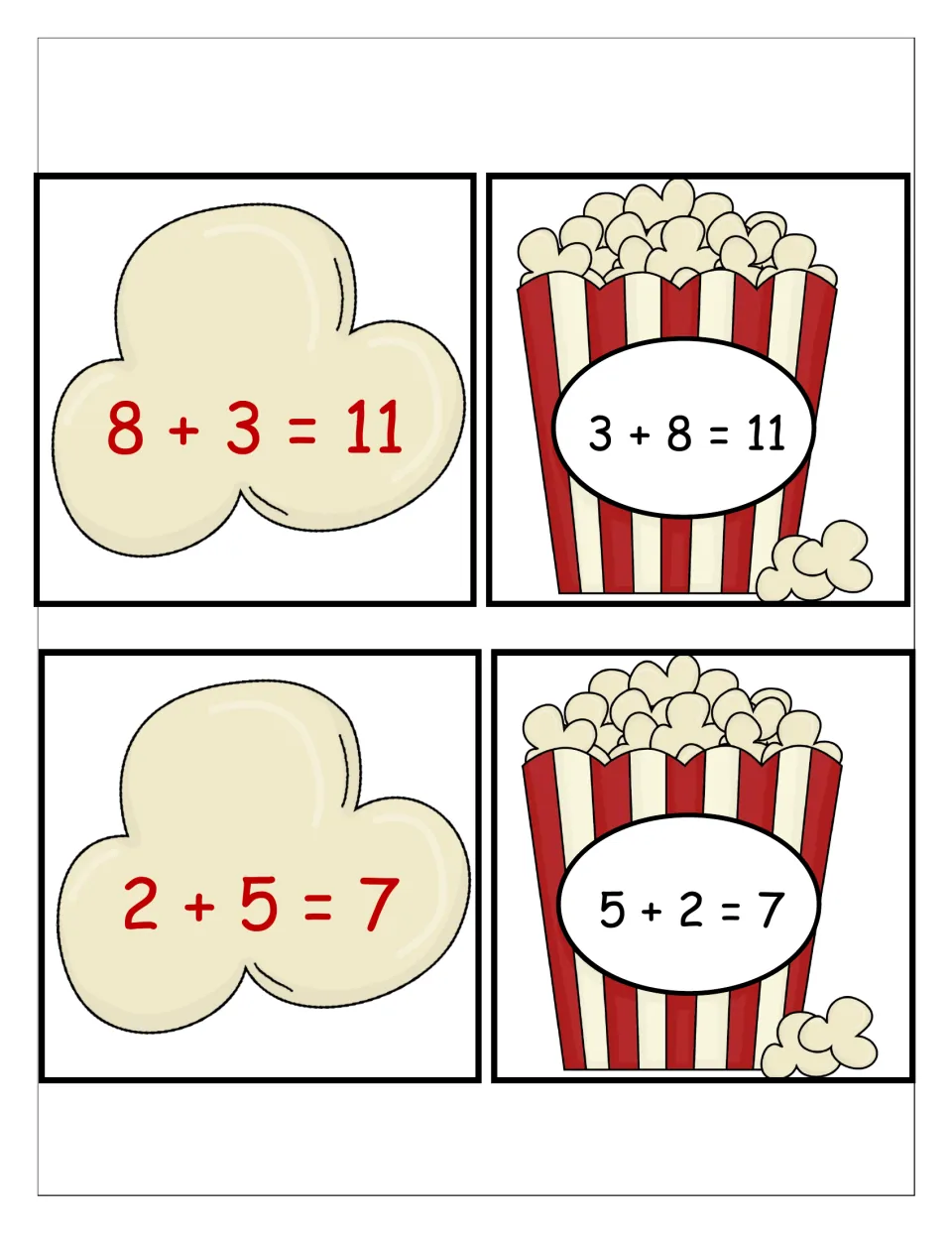 Popcorn matching cards: 8+3=11 and 2+5=7 popcorn pieces with containers showing the turned-around facts 3+8=11 and 5+2=7