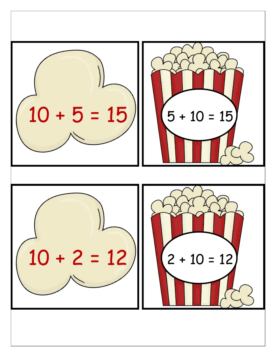 Popcorn matching cards with tens: 10+5=15 and 10+2=12 popcorn pieces paired with containers labeled 5+10=15 and 2+10=12