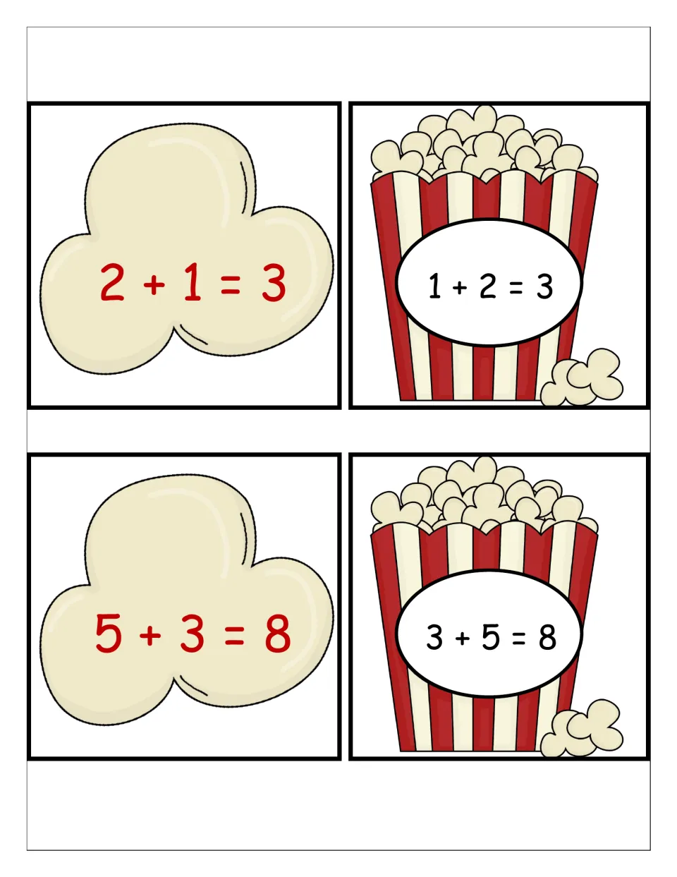 Popcorn matching cards: 2+1=3 and 5+3=8 popcorn pieces to match with containers showing 1+2=3 and 3+5=8 in reverse order