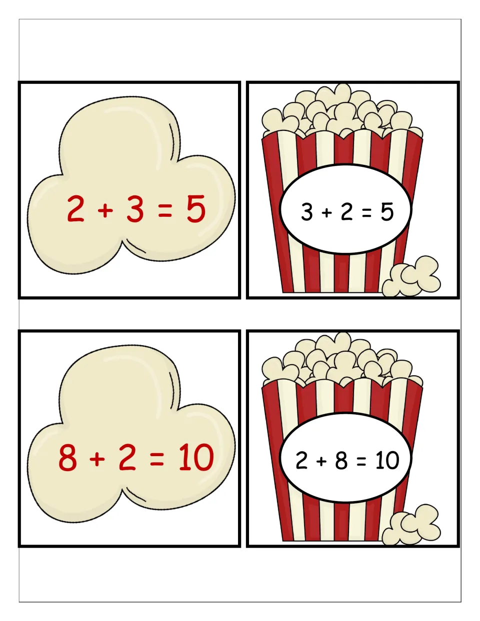 Popcorn matching cards: 2+3=5 and 8+2=10 popcorn pieces that students match to containers reading 3+2=5 and 2+8=10