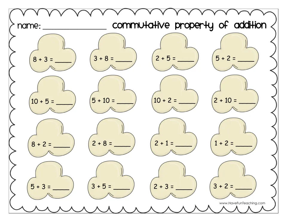 Commutative property practice: students solve 16 addition facts in turnaround pairs like 8+3 and 3+8, writing each sum