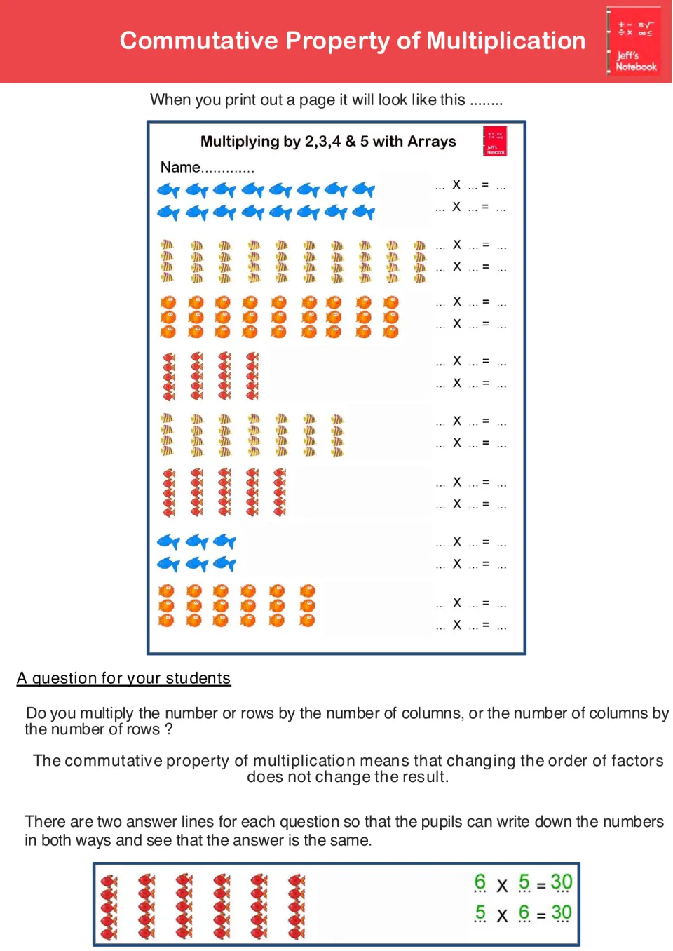 Sample arrays page: students write each fish array as rows x columns and columns x rows, with a 6 x 5 = 5 x 6 example