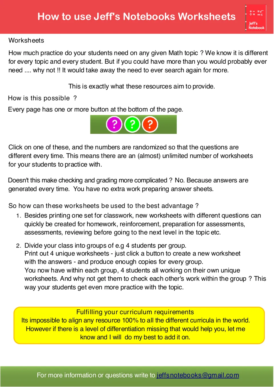 How to use Jeff's Notebooks: buttons randomize questions and answers so groups get unique sheets to peer check