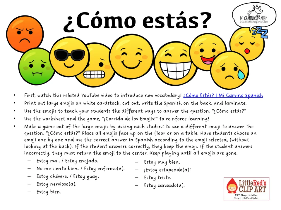 Spanish emotions activity instructions: prepare large emojis and practice answering ¿Cómo estás? (How are you?)