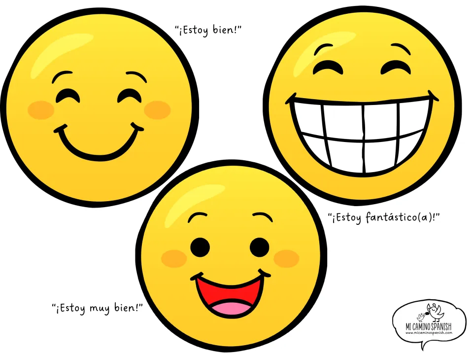 Large Spanish emotion emojis 4–6: Estoy bien (I'm fine), muy bien (very well), and fantástico(a) (fantastic)