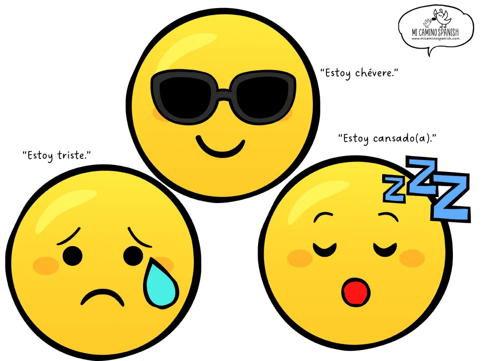 Large Spanish emotion emojis 7–9: Estoy chévere (I'm great), triste (sad), and cansado(a) (tired)