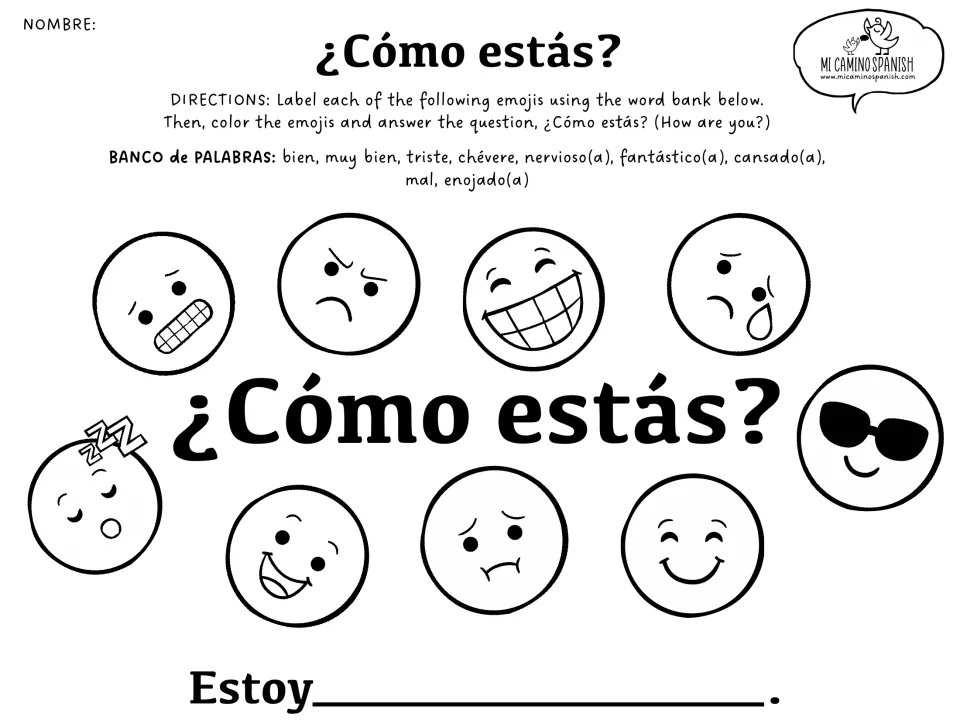 Spanish emotions worksheet: label and color nine emojis using a word bank, then complete Estoy (I am)