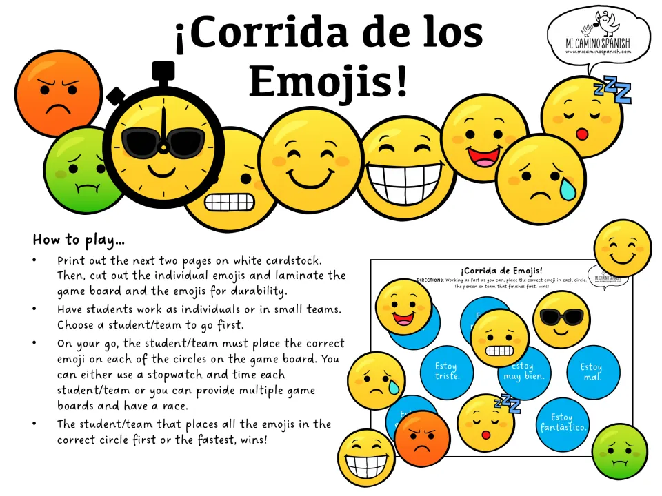 Emoji race game instructions: cut out the pieces, then match emojis to Spanish phrases individually or in teams