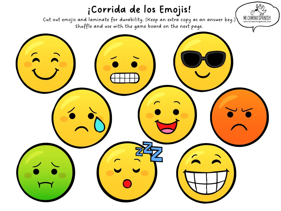 Nine cutout emoji game pieces for matching Spanish feelings, including nervous, sad, angry, and tired faces