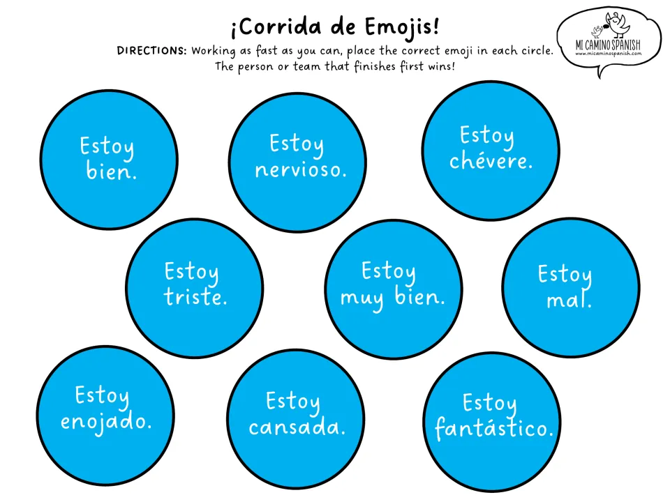 Emoji race board with nine Spanish phrases, including Estoy bien (I'm fine) and Estoy triste (I'm sad)