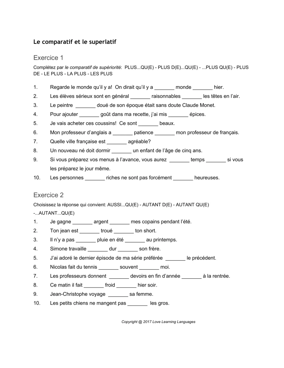 Le comparatif et le superlatif: students fill 20 French sentence blanks with plus...que, le plus, aussi...que or autant
