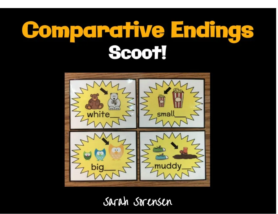 Cover of the comparative endings Scoot activity by Sarah Sorensen, showing white, small, big, and muddy