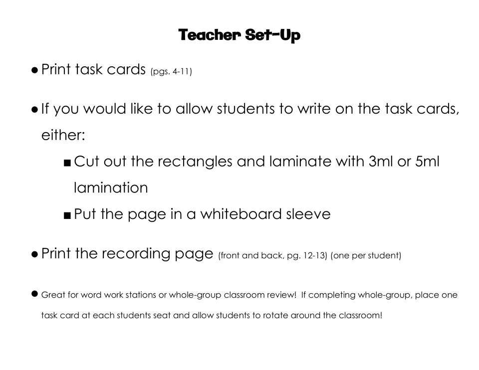 Teacher setup instructions for printing task cards, laminating or using sleeves, and preparing recording sheets