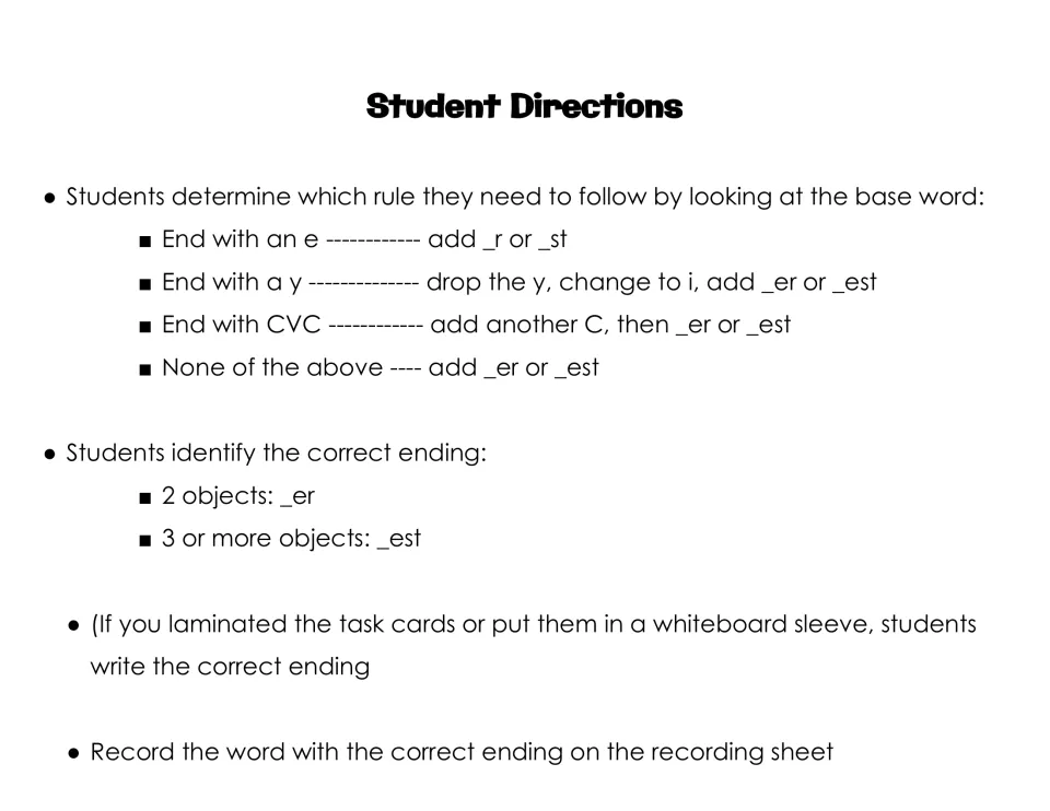 Student directions for choosing -er or -est, applying spelling rules, and recording the completed words