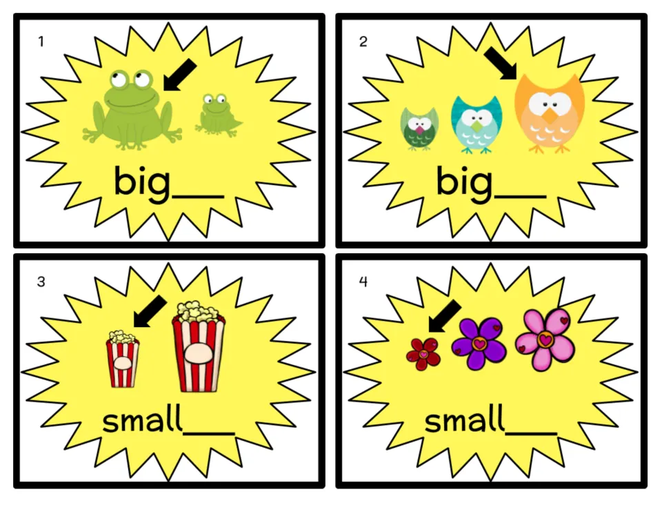 Comparative endings task cards 1–4 use frogs, owls, popcorn, and flowers to practice big and small