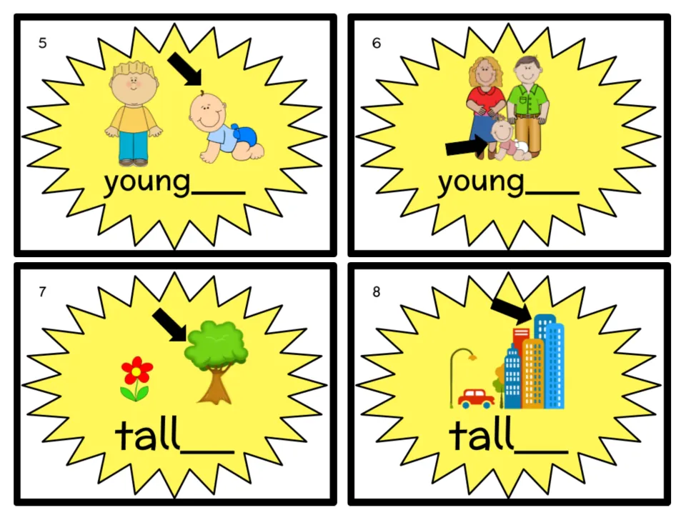 Comparative endings task cards 5–8 use children, a family, a tree, and buildings to practice young and tall