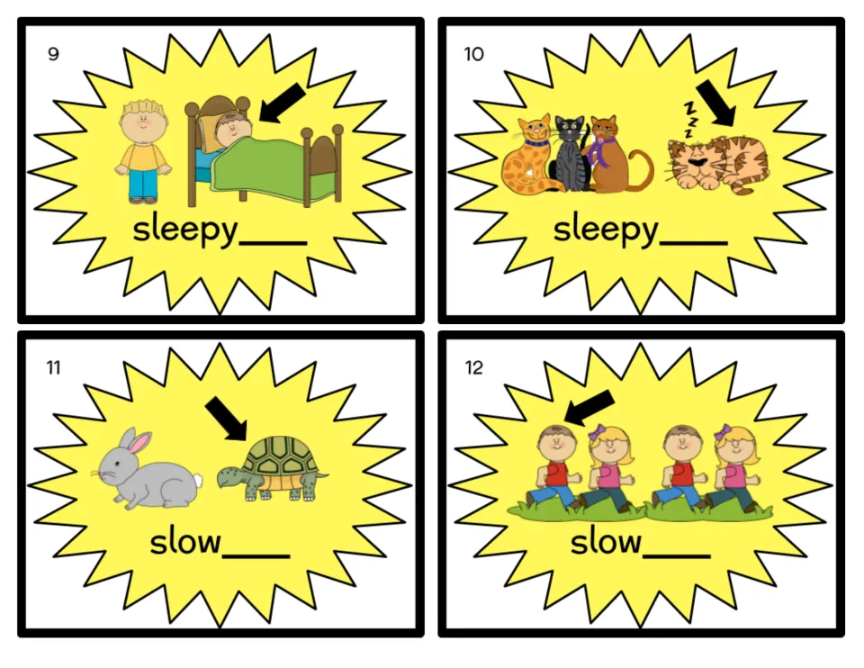Comparative endings task cards 9–12 use children, cats, a rabbit, and a turtle to practice sleepy and slow