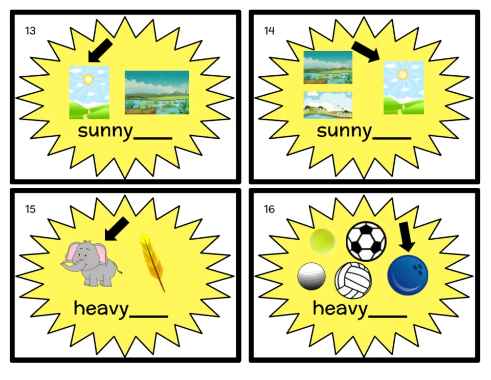 Comparative endings task cards 13–16 use weather scenes, an elephant, a feather, and balls for sunny and heavy
