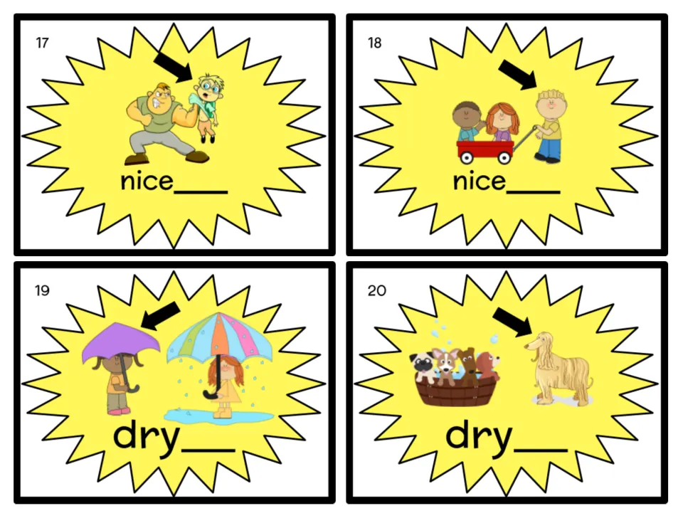 Comparative endings task cards 17–20 use people's actions, umbrellas, and dogs to practice nice and dry
