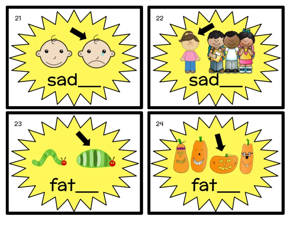 Comparative endings task cards 21–24 use faces, children, caterpillars, and pumpkins to practice sad and fat