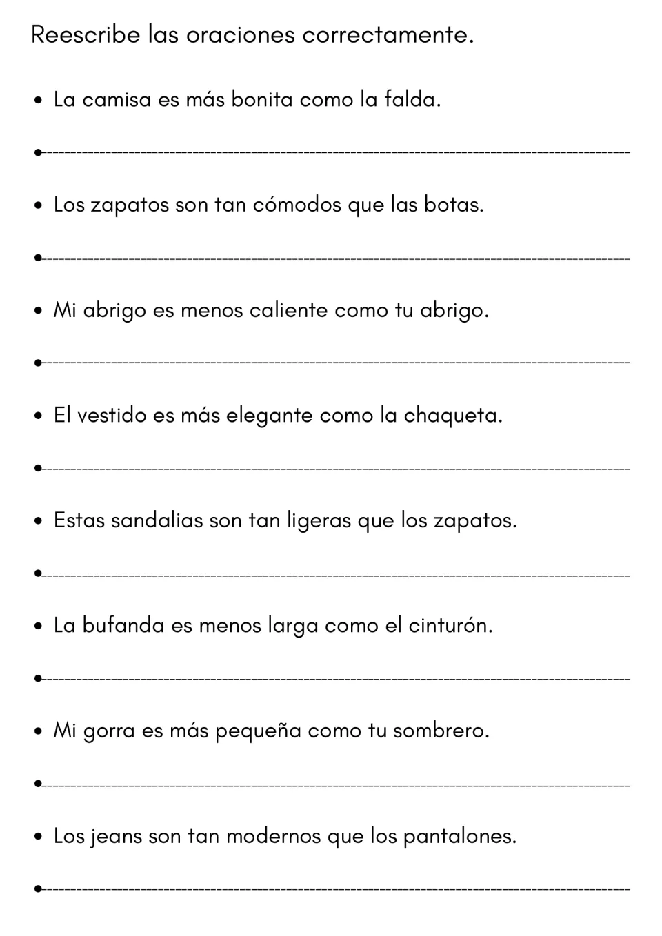 Error correction in Spanish comparatives: students rewrite 8 sentences that misuse que and como after más, menos or tan