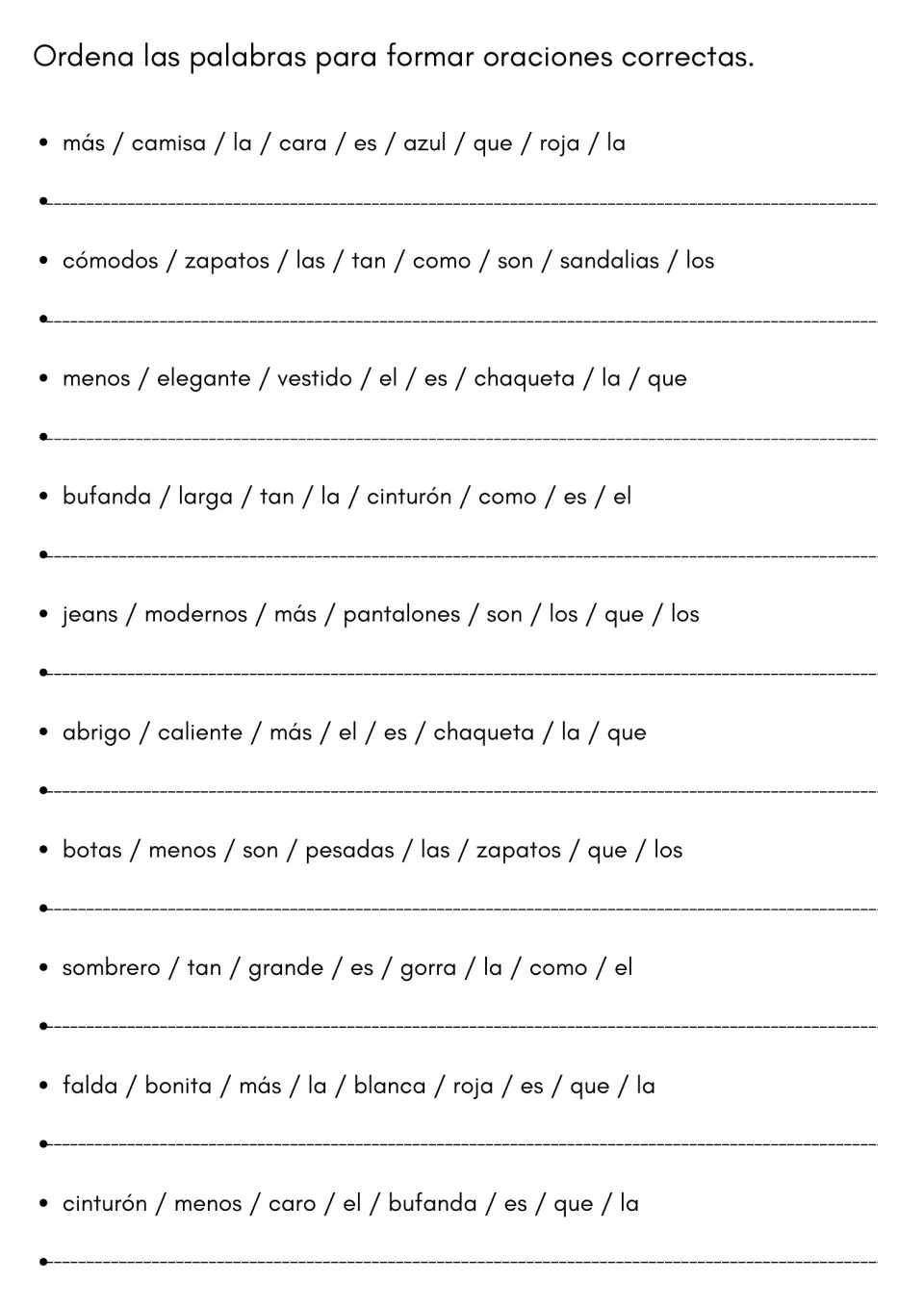 Spanish sentence building with comparatives: students unscramble 10 word sets into correct clothing comparisons