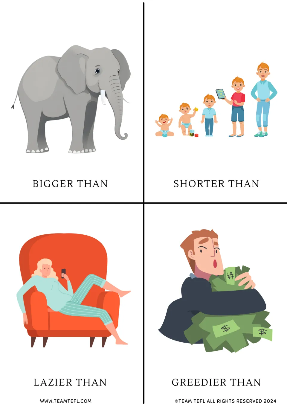 Comparative cards: elephant for bigger than, growing boy for shorter, lounging woman for lazier, man with cash for greedier
