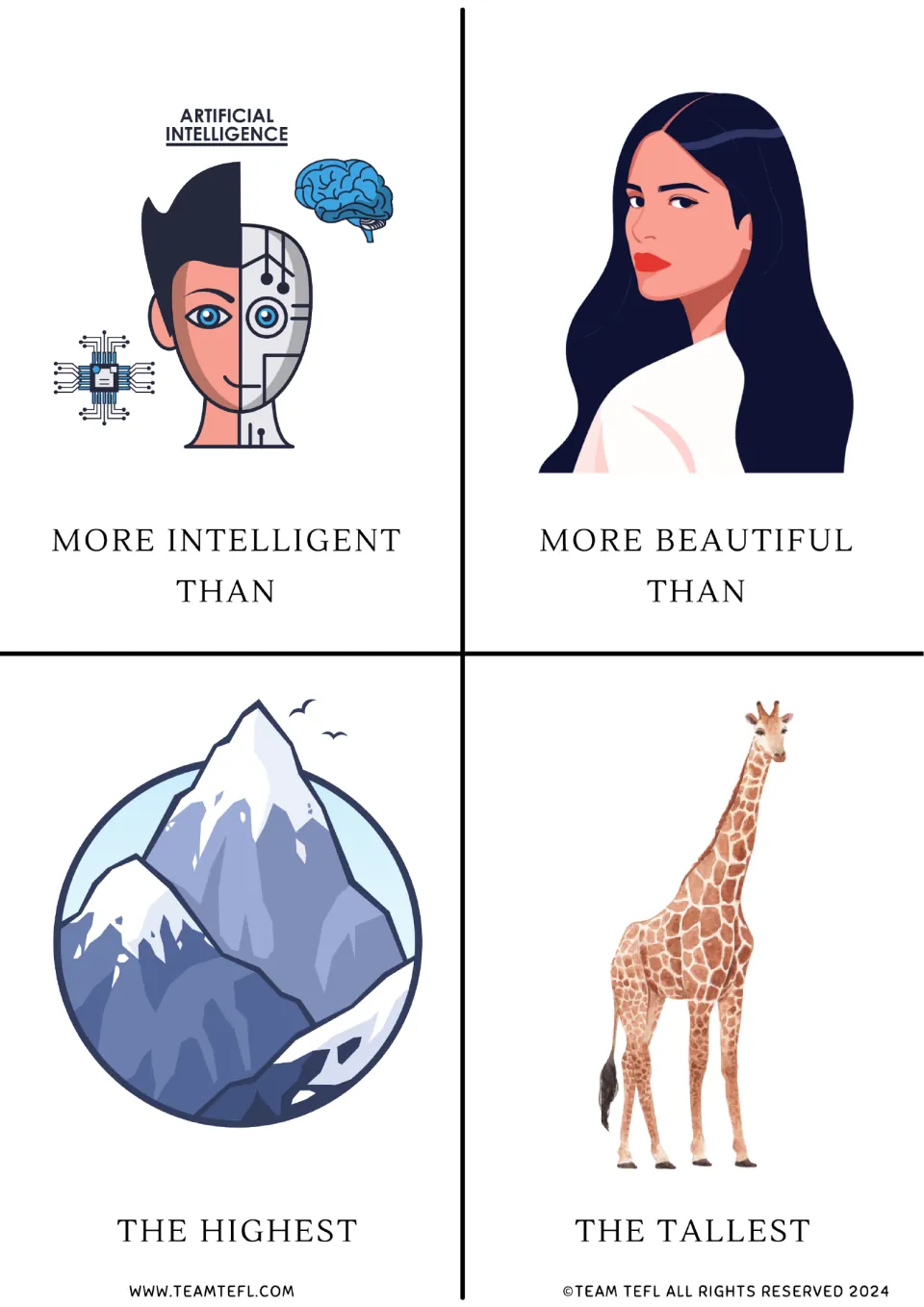 Adjective cards: AI face for more intelligent, woman for more beautiful, mountain for the highest, giraffe for the tallest