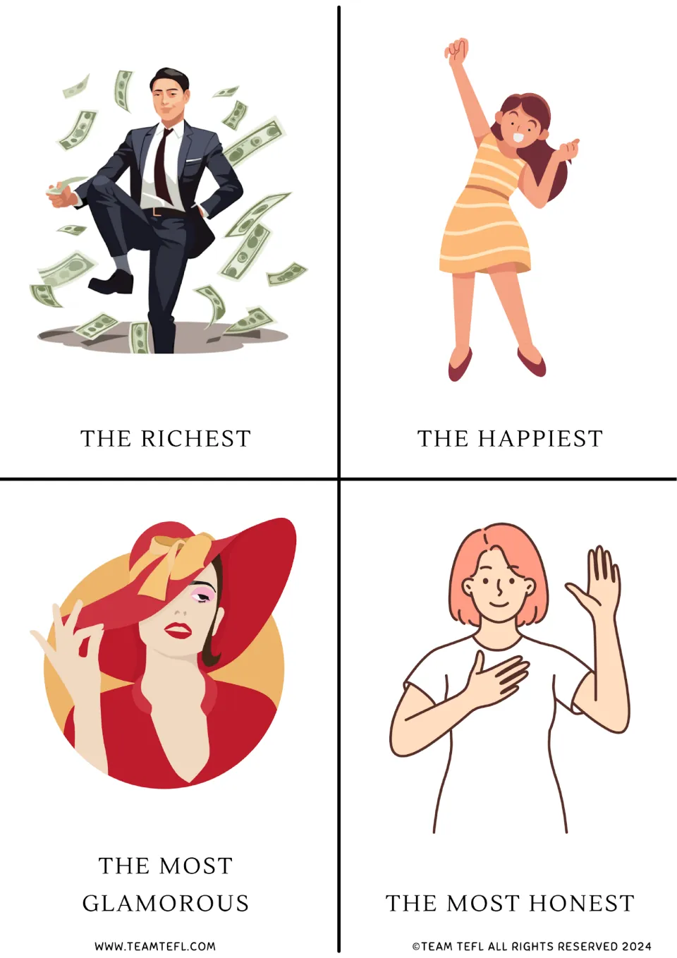 Superlative flashcards: man in cash for the richest, cheering girl for the happiest, the most glamorous, the most honest