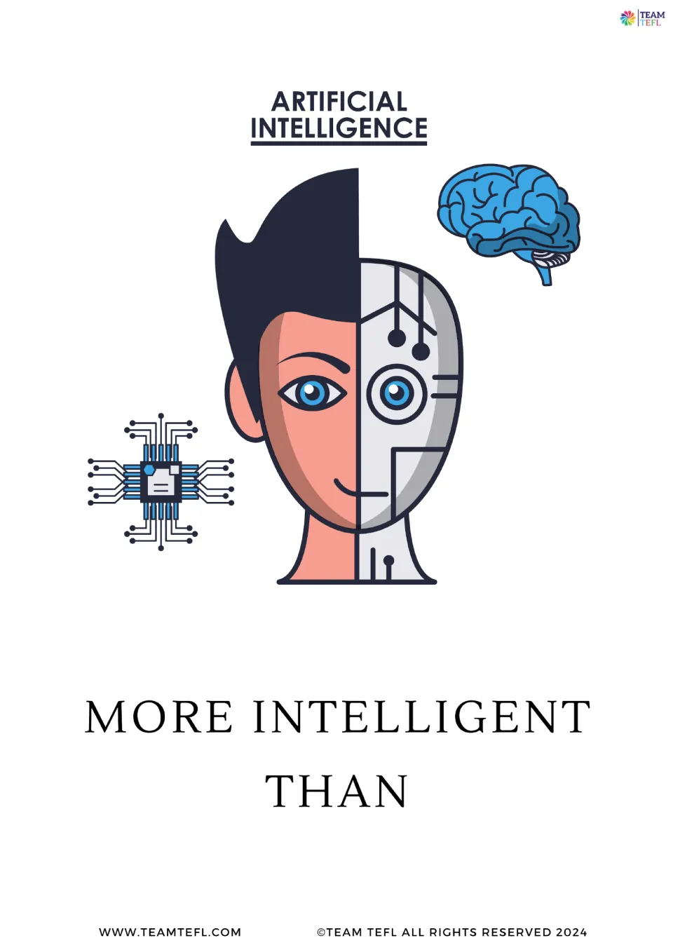 Comparative adjective card: a half-human, half-robot face labeled Artificial Intelligence shows more intelligent than