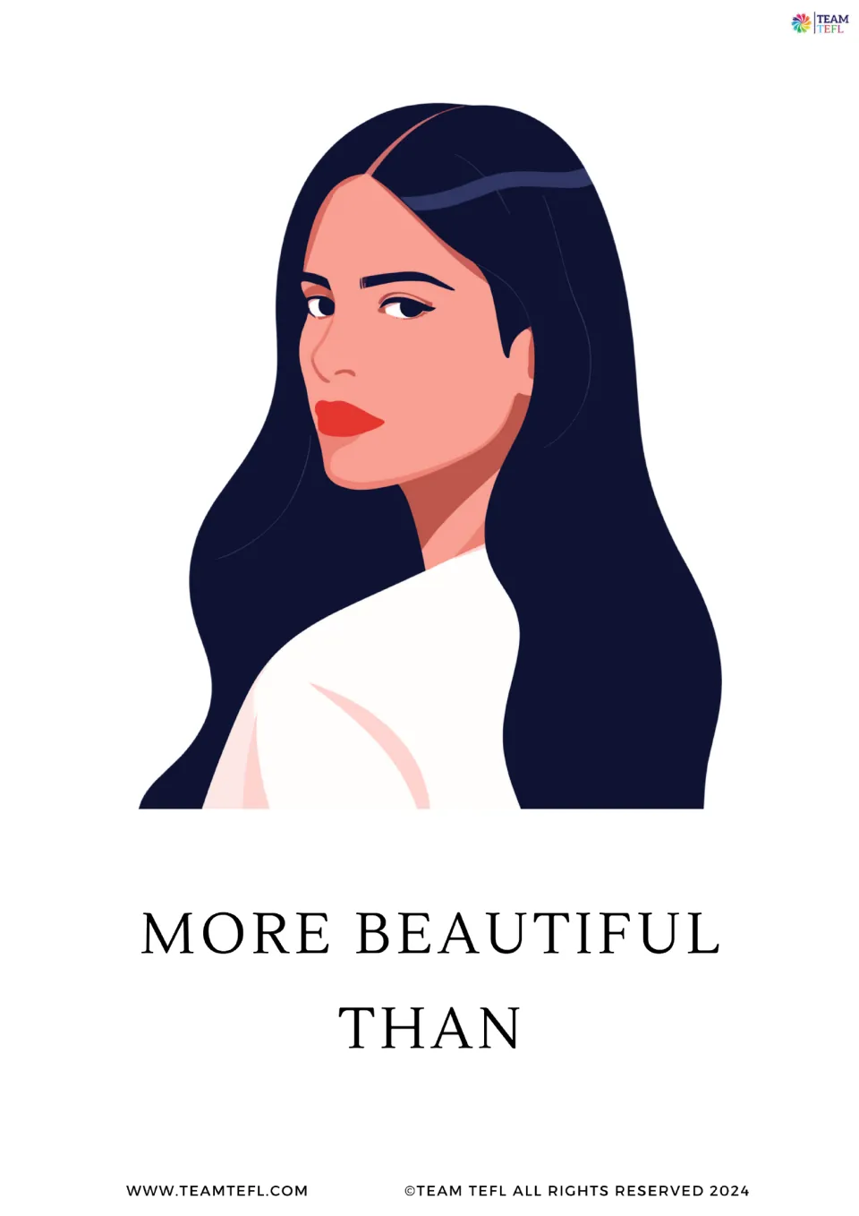 Comparative adjective card: portrait of a woman with long dark hair and red lips illustrates more beautiful than