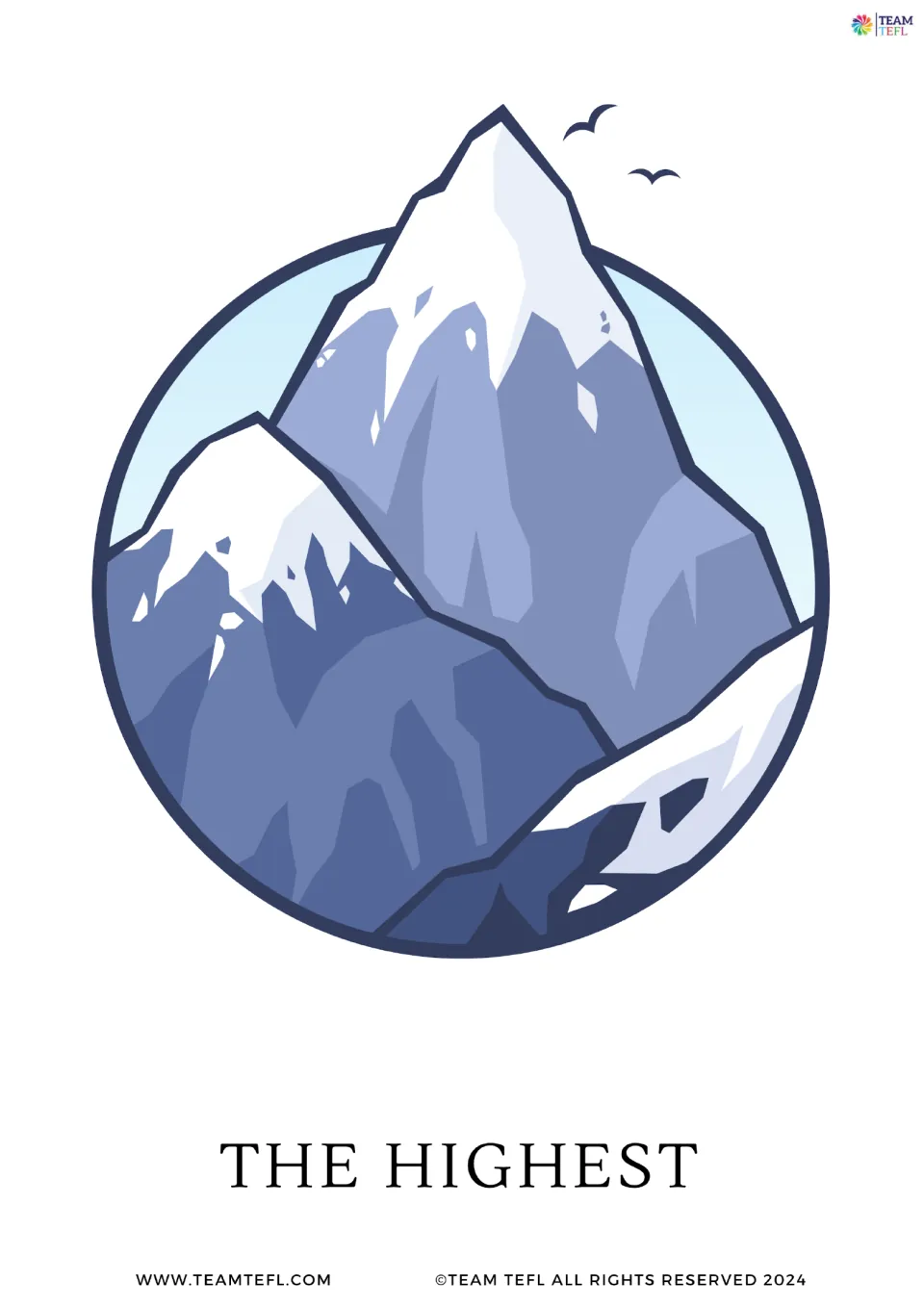 Superlative adjective card: a snowy mountain peak with birds flying overhead illustrates the phrase the highest