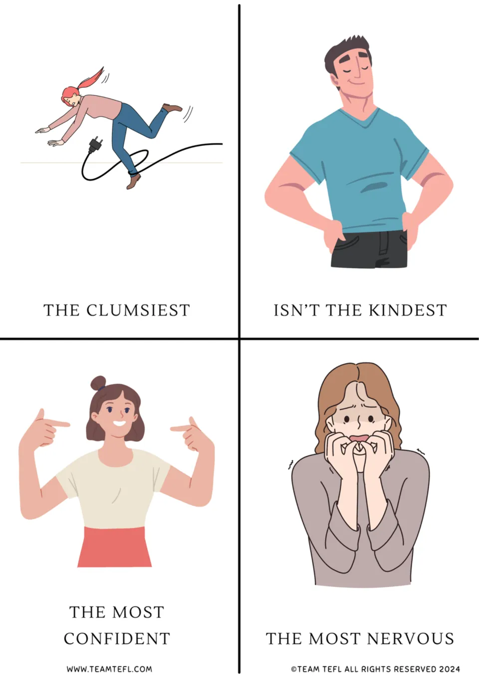 Superlative flashcards of people: the clumsiest, isn't the kindest, the most confident and the most nervous