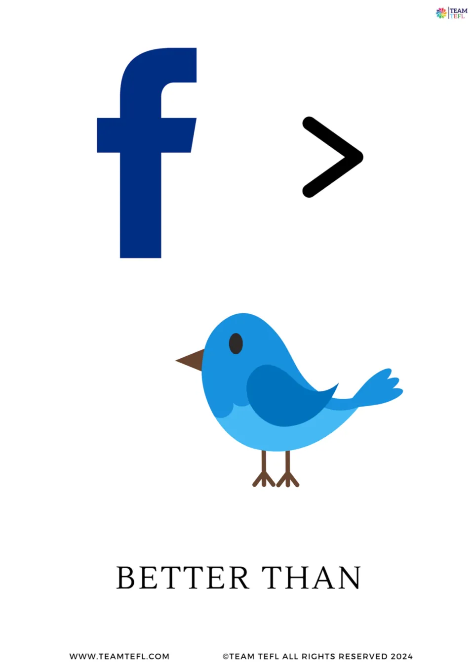 Better than flashcard: a blue f logo, a > sign and a blue bird, showing the irregular comparative of good