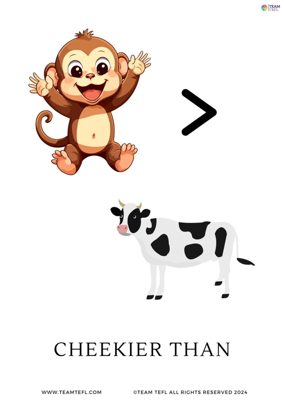 Cheekier than flashcard: a laughing monkey, a > sign and a cow, showing the -ier comparative form