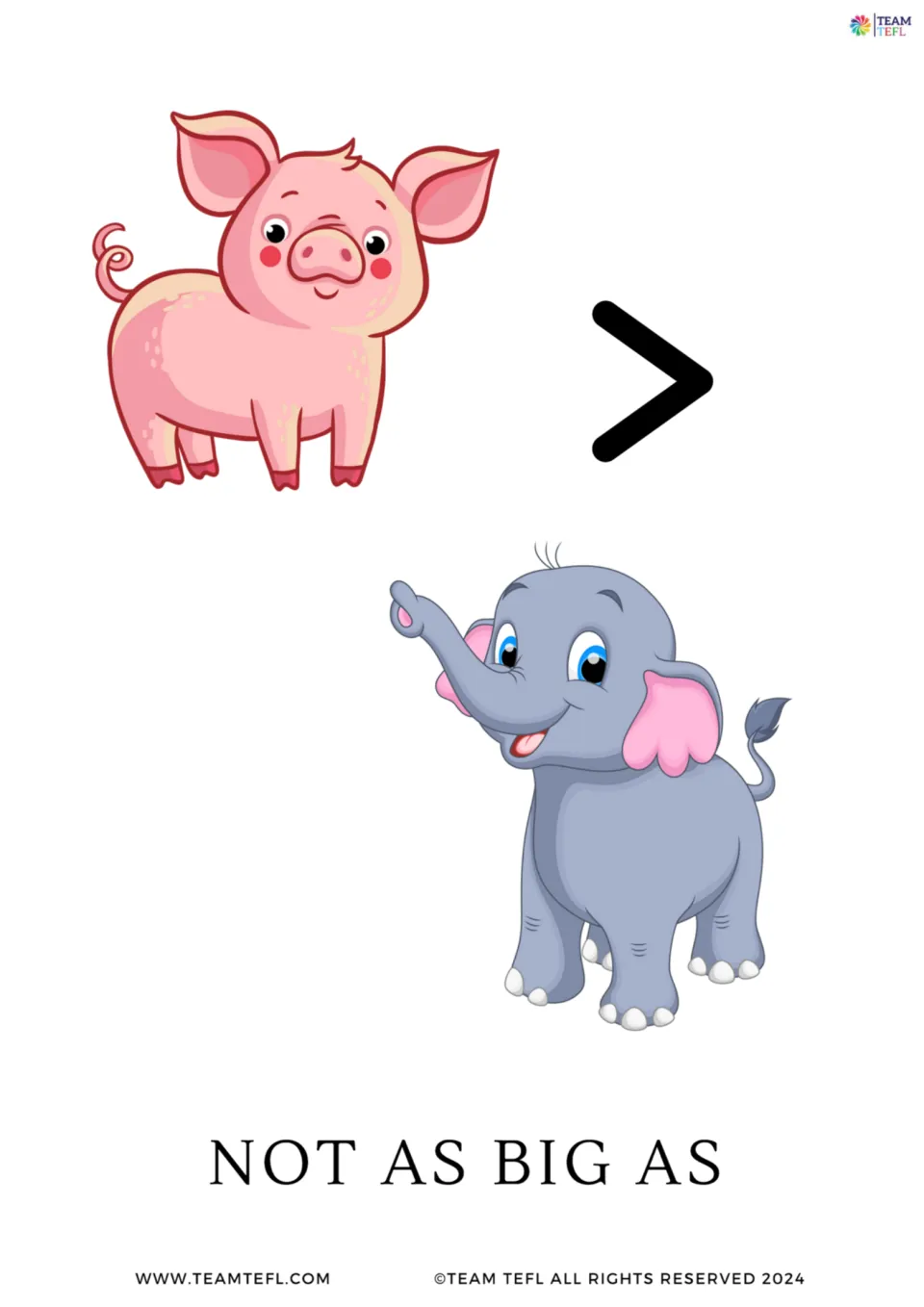 Not as big as flashcard: a pig, a > sign and an elephant, for comparing size with the not as...as structure