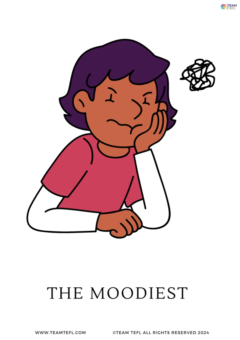 The moodiest flashcard: a frowning girl resting her chin on her hand, showing a -iest superlative