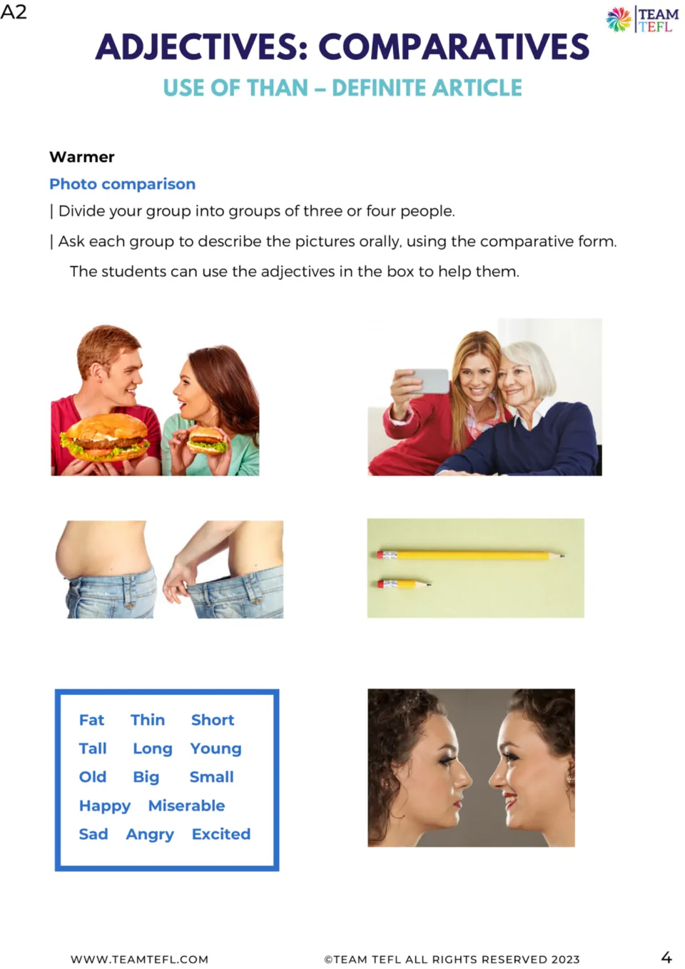 Photo comparison warm-up uses burgers, women of different ages, body size, pencils, and facial expressions