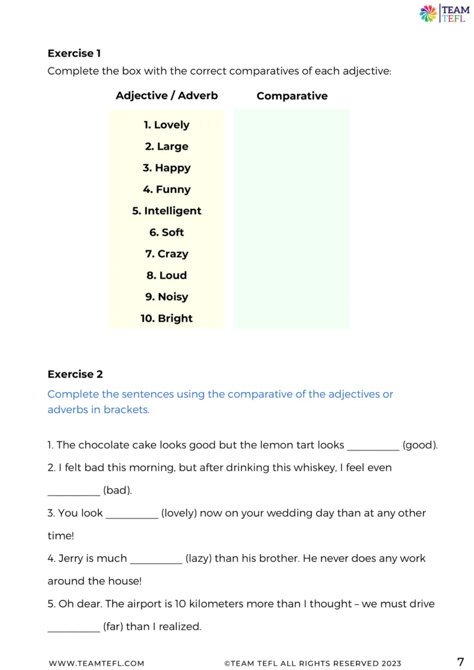 Exercises 1 and 2 ask for 10 comparative forms, including lovelier and larger, and five sentence completions