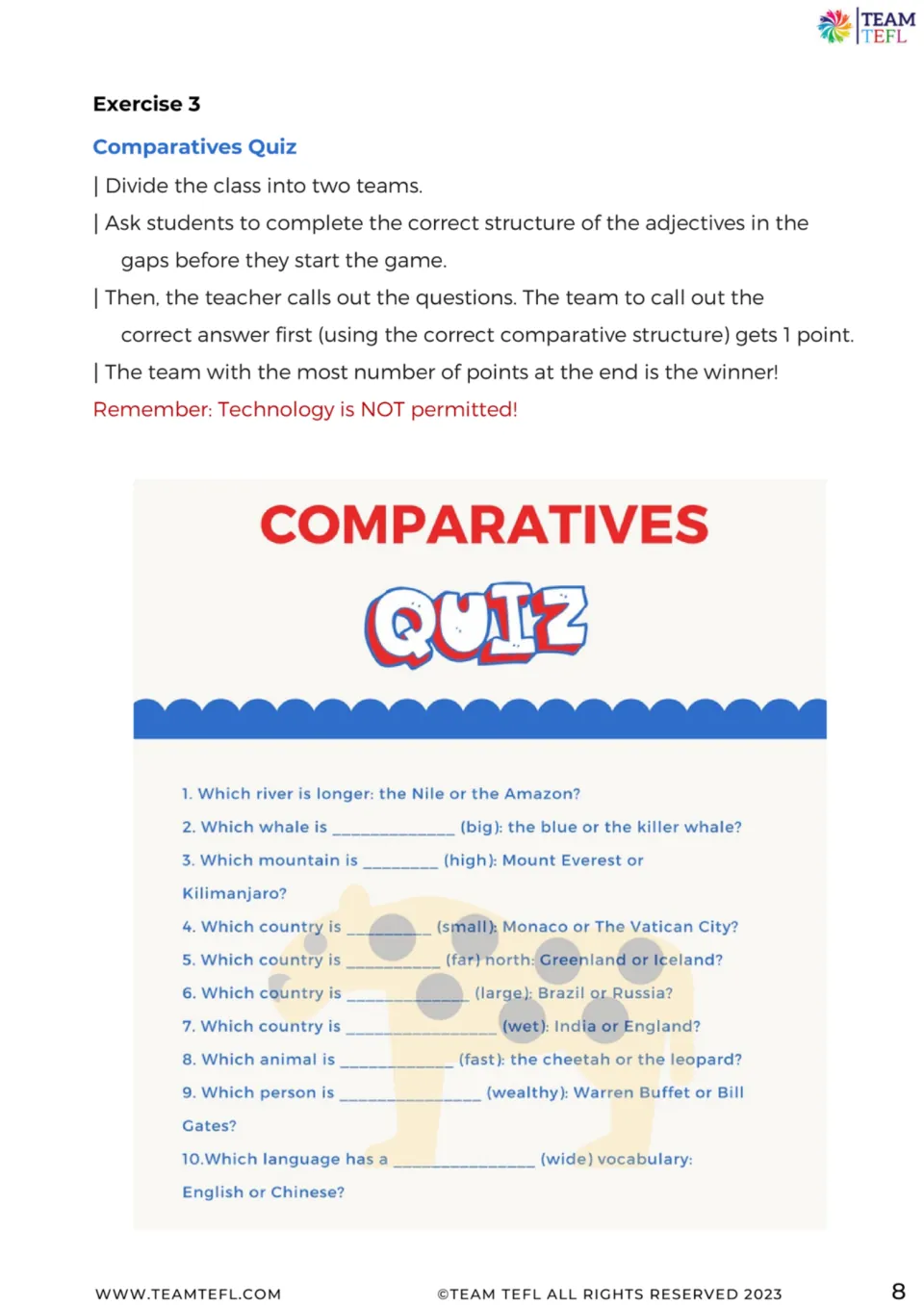 Exercise 3 presents a 10-question team comparatives quiz about rivers, whales, mountains, countries, and more