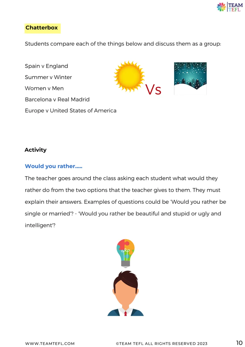 Chatterbox discussion compares Spain and England, summer and winter, and more, followed by Would you rather
