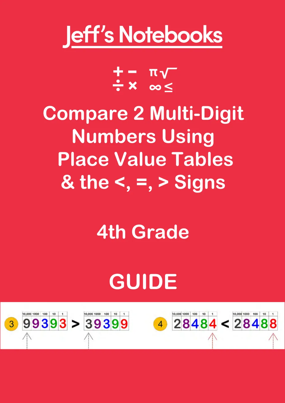 Jeff's Notebooks guide cover for comparing multi-digit numbers with place value tables and the <, =, > signs