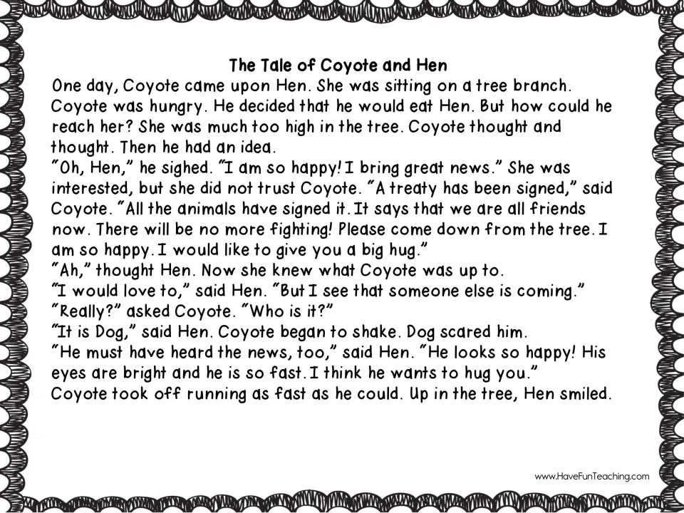 Second reading passage: Coyote tries to trick Hen out of a tree, but she scares him away by mentioning Dog.